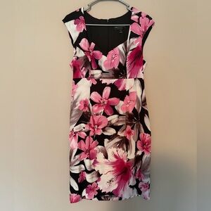 Connected Apparel Pink and Black Floral Midi Dress
